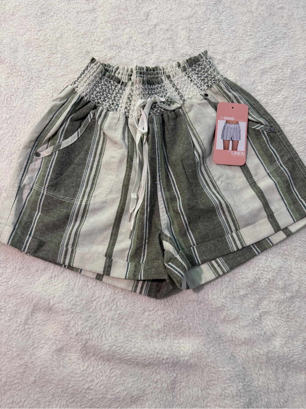Cisono Olive & Cream Striped High-Waist The Linen Collection Shorts